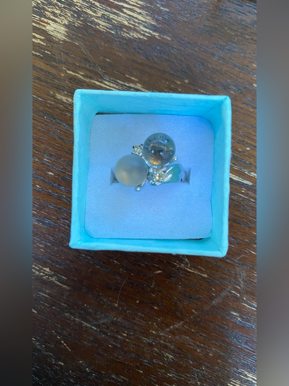 CDC Silver Ring with Frosted and Smoky Gray Glass Orbs